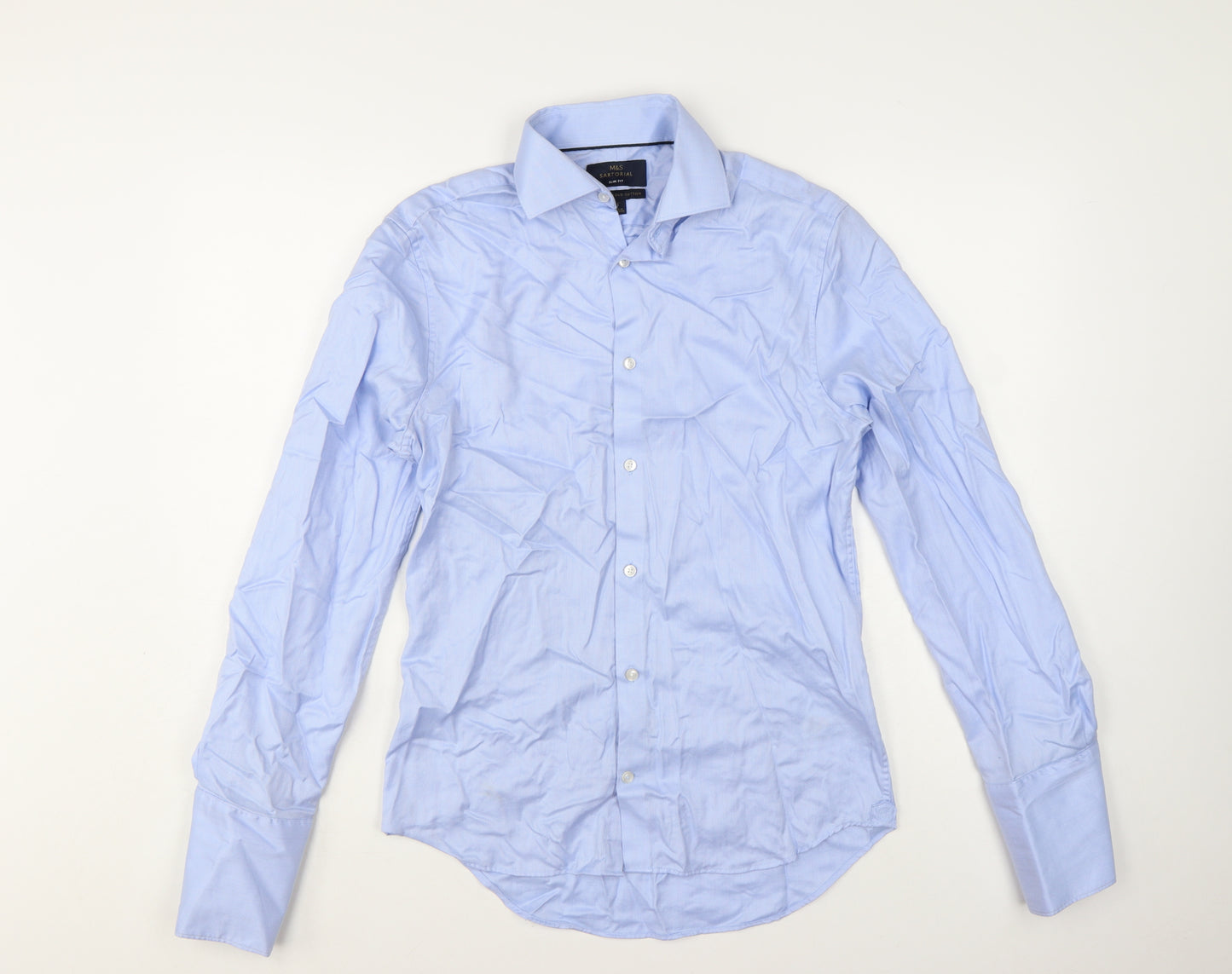 Marks and Spencer Men Blue Slim Fit Cotton Long Sleeve Dress Shirt 15in