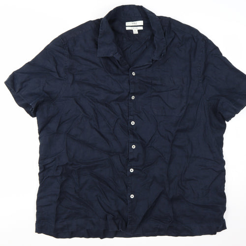 Marks and Spencer Men's Blue Linen Short Sleeve Button-Up Shirt 2XL Regular Fit