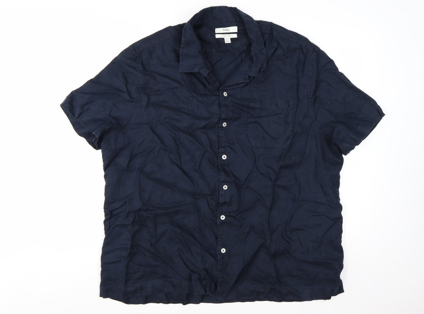 Marks and Spencer Men's Blue Linen Short Sleeve Button-Up Shirt 2XL Regular Fit