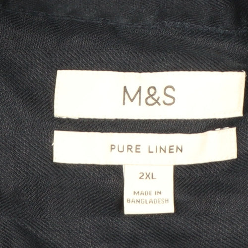Marks and Spencer Men's Blue Linen Short Sleeve Button-Up Shirt 2XL Regular Fit