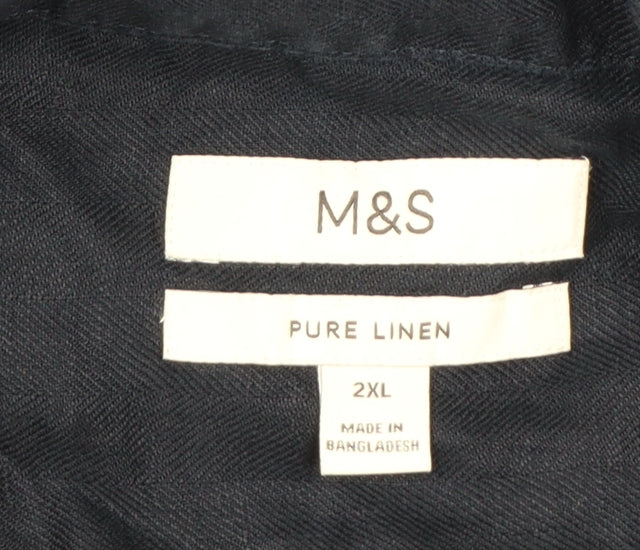 Marks and Spencer Men's Blue Linen Short Sleeve Button-Up Shirt 2XL Regular Fit