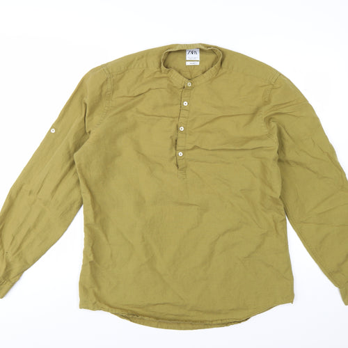 Zara Men Green Linen Relaxed Fit Long Sleeve Henley Shirt Size L