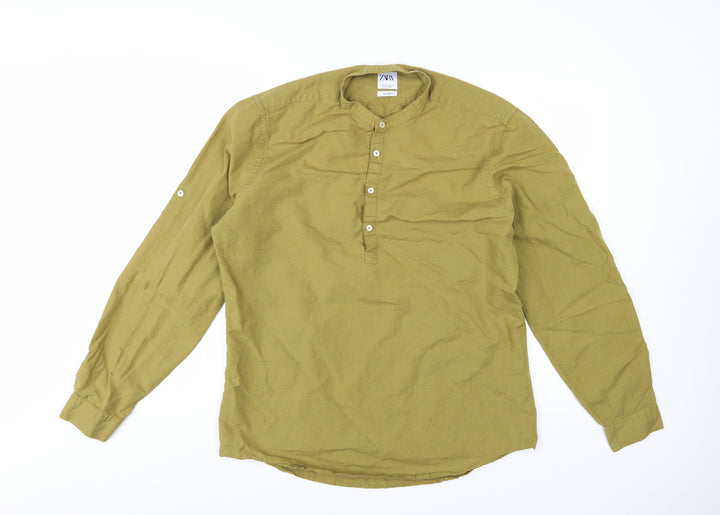 Zara Men Green Linen Relaxed Fit Long Sleeve Henley Shirt Size L
