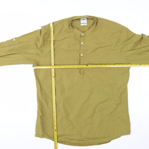 Zara Men Green Linen Relaxed Fit Long Sleeve Henley Shirt Size L