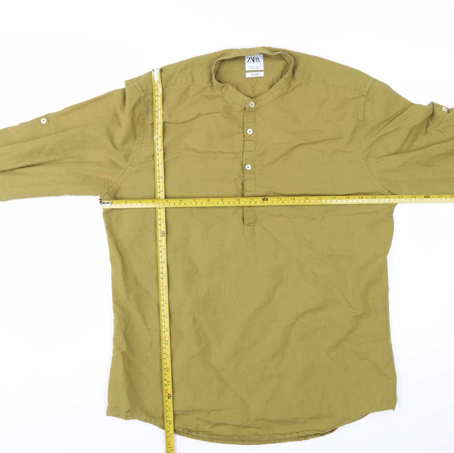 Zara Men Green Linen Relaxed Fit Long Sleeve Henley Shirt Size L