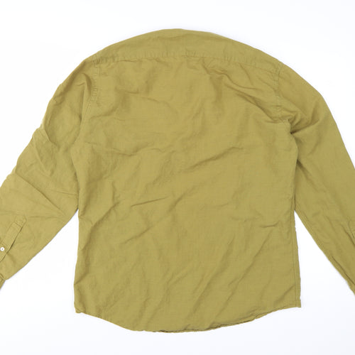Zara Men Green Linen Relaxed Fit Long Sleeve Henley Shirt Size L
