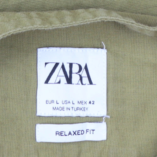 Zara Men Green Linen Relaxed Fit Long Sleeve Henley Shirt Size L