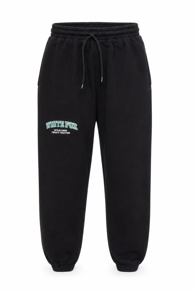 Front view of White Fox Women's Black Small Jogger Sweatpants with Logo Print