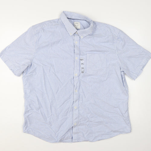 Marks and Spencer Men's Blue Striped 2XL Regular Fit Short Sleeve Cotton Button-Up Shirt