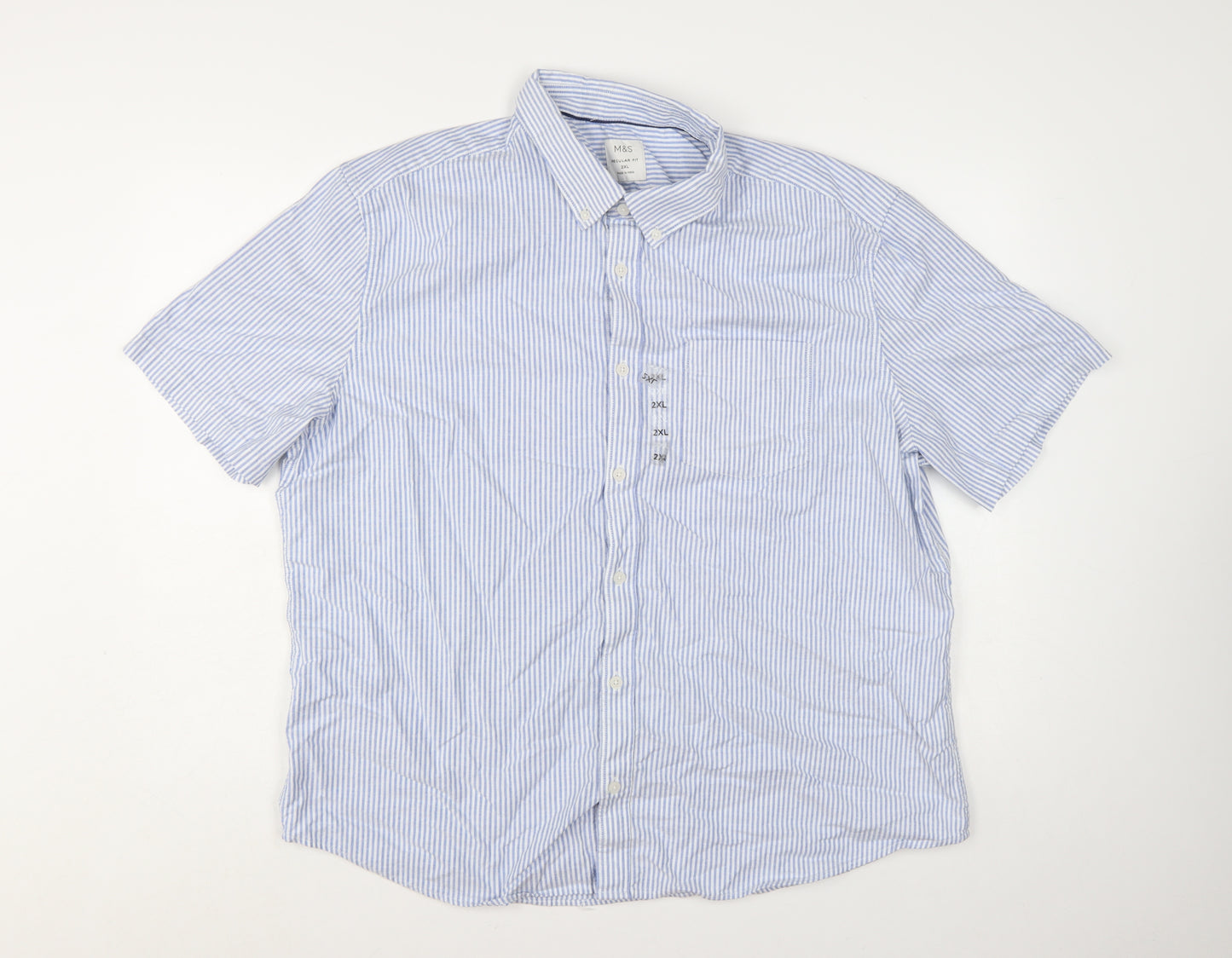Marks and Spencer Men's Blue Striped 2XL Regular Fit Short Sleeve Cotton Button-Up Shirt