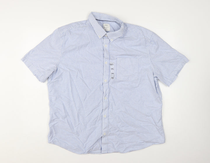 Marks and Spencer Men's Blue Striped 2XL Regular Fit Short Sleeve Cotton Button-Up Shirt