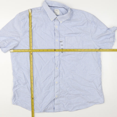 Marks and Spencer Men's Blue Striped 2XL Regular Fit Short Sleeve Cotton Button-Up Shirt