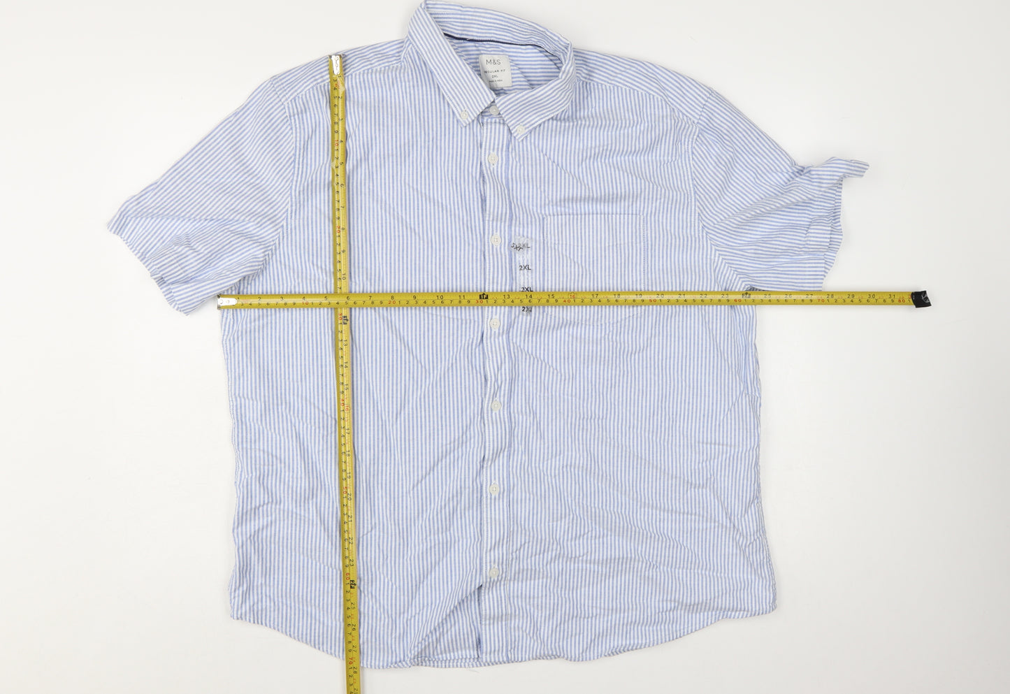 Marks and Spencer Men's Blue Striped 2XL Regular Fit Short Sleeve Cotton Button-Up Shirt