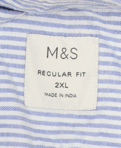 Marks and Spencer Men's Blue Striped 2XL Regular Fit Short Sleeve Cotton Button-Up Shirt