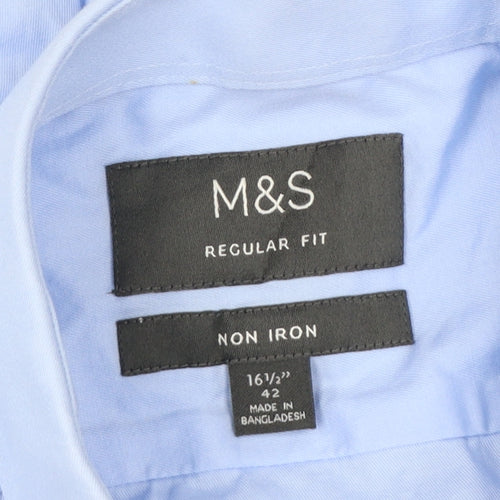 Marks and Spencer Men's Blue Regular Fit Non-Iron 16.5in Shirt