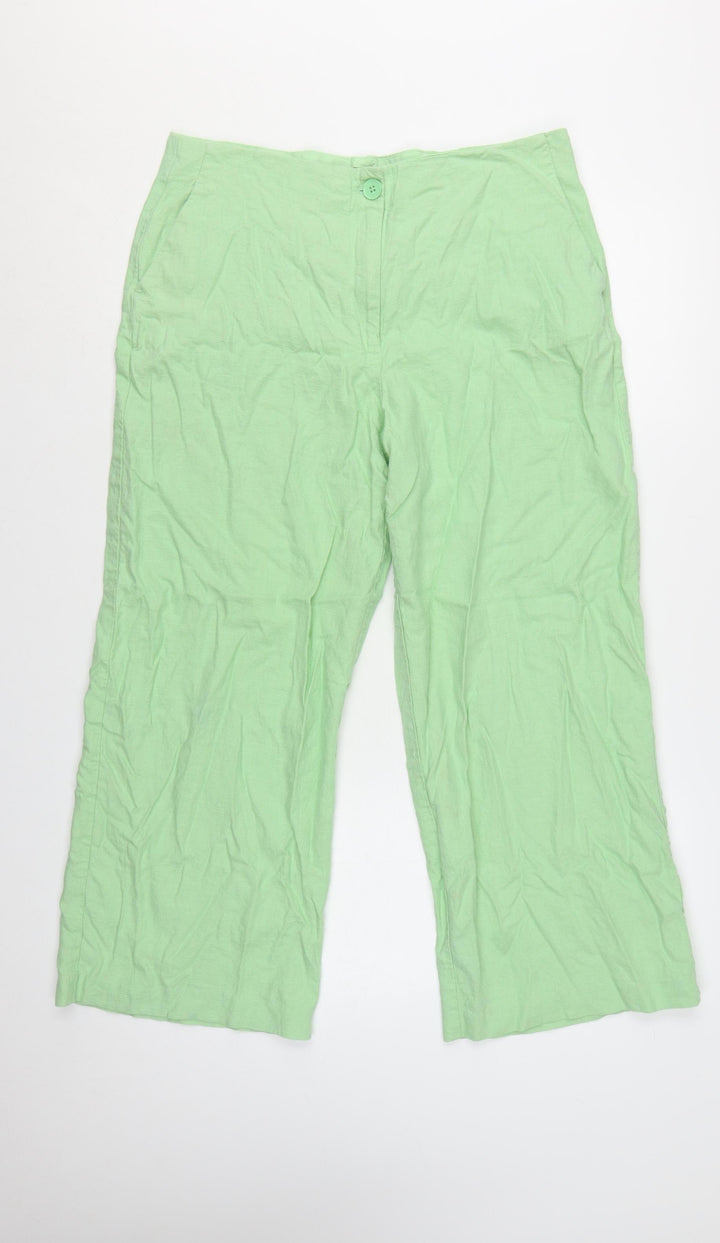 Marks and Spencer Women’s Green Linen Blend Cropped Wide-Leg Trousers Size 16