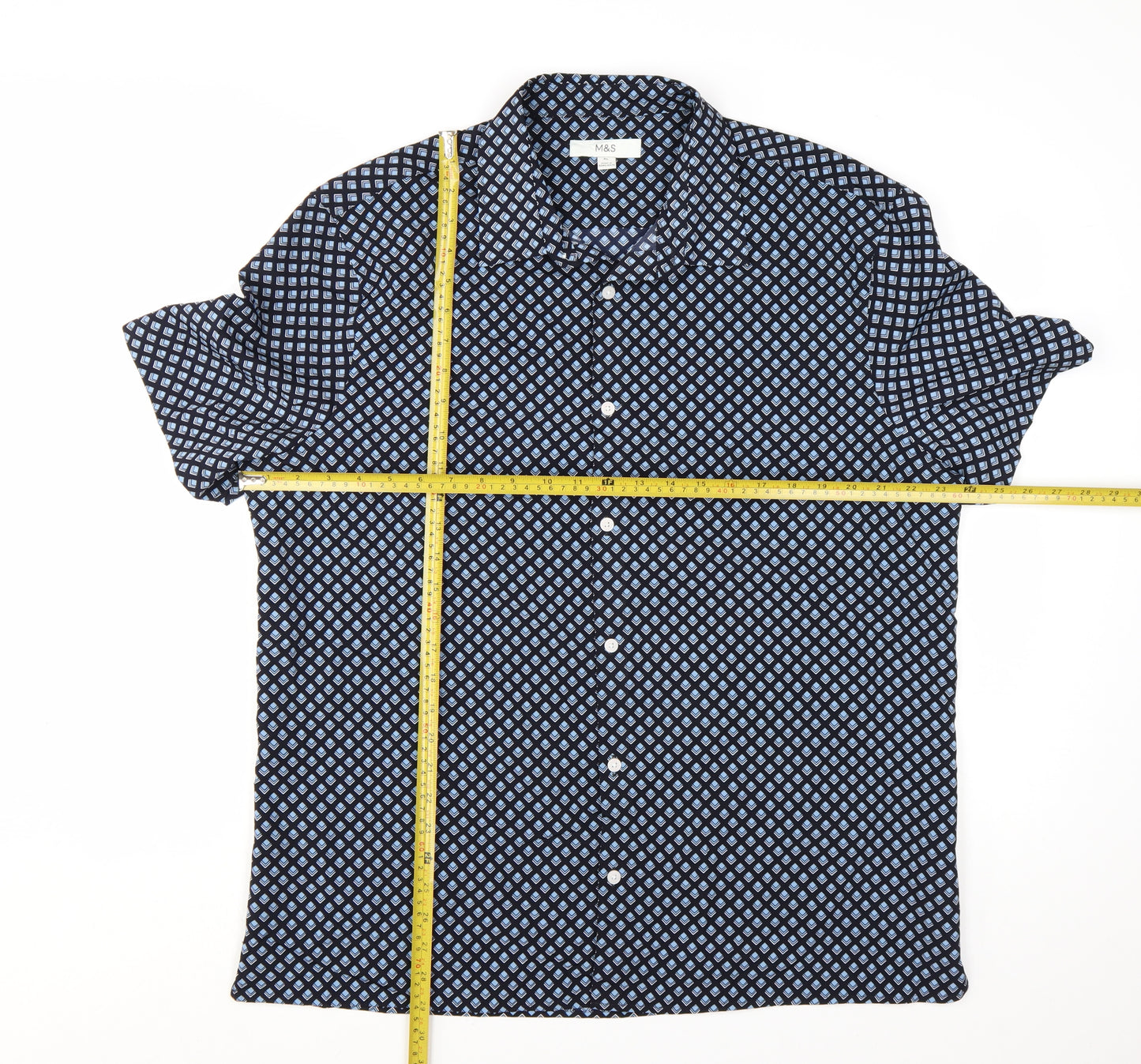 Marks and Spencer Mens Blue Geometric Short Sleeve Button-Up Shirt XL