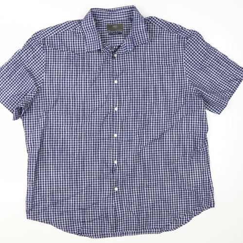 Marks and Spencer Men's Blue Checked Short Sleeve Button-Up Shirt XL