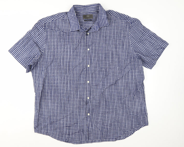 Marks and Spencer Men's Blue Checked Short Sleeve Button-Up Shirt XL