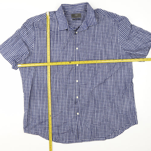 Marks and Spencer Men's Blue Checked Short Sleeve Button-Up Shirt XL