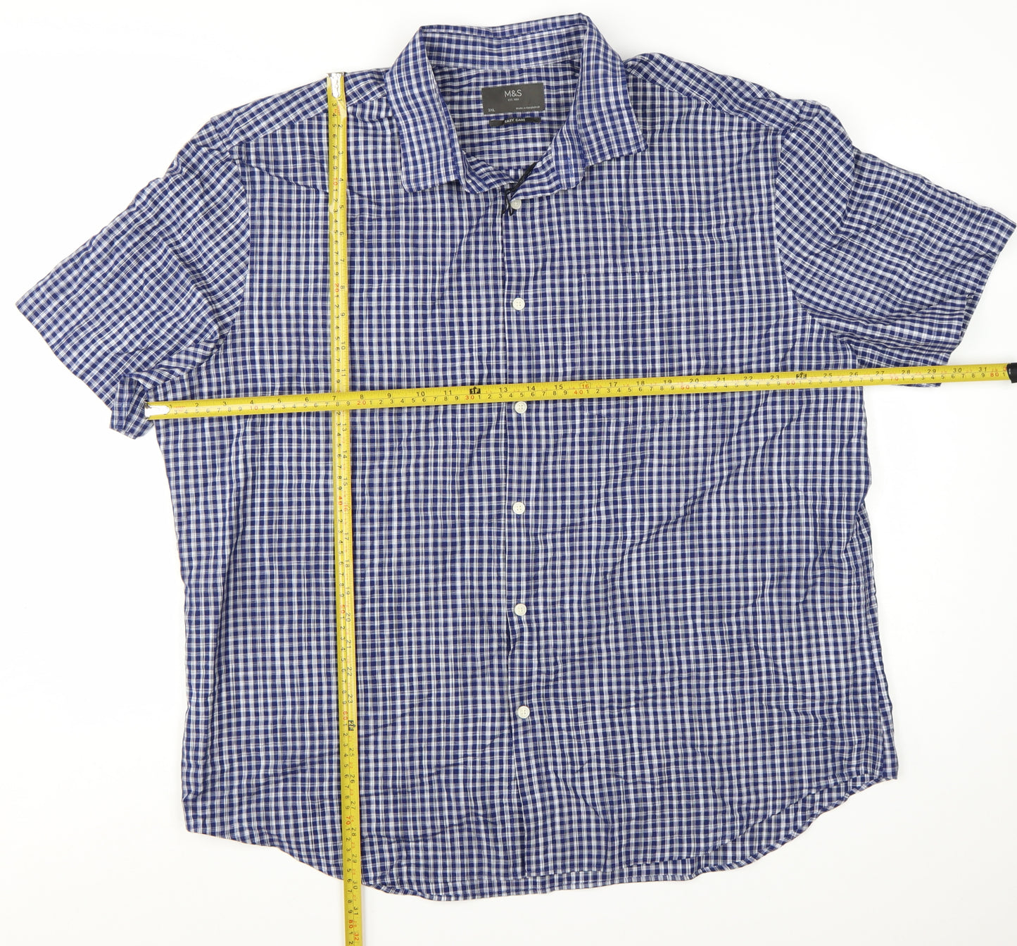Marks and Spencer Men's Blue Checked Short Sleeve Button-Up Shirt XL