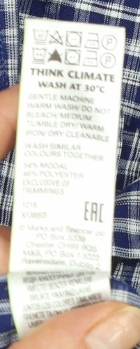 Marks and Spencer Men's Blue Checked Short Sleeve Button-Up Shirt XL