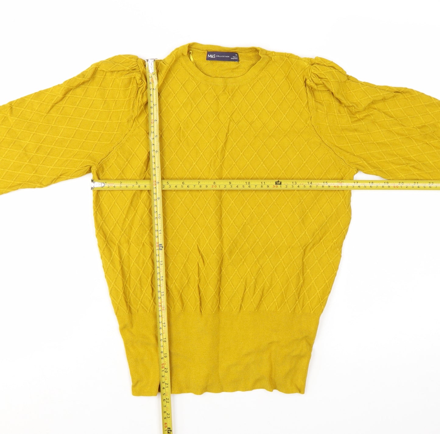 Marks and Spencer Women’s Yellow Crew Neck Puff Sleeve Jumper Size 14