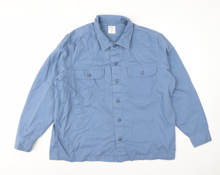 Marks and Spencer Men's Blue 2XL Cotton Long Sleeve Overshirt
