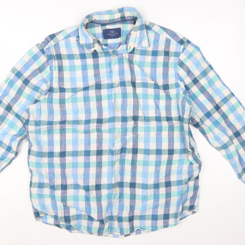 Marks and Spencer Men's Blue Check Linen Long Sleeve Casual Shirt L
