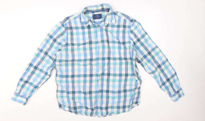 Marks and Spencer Men's Blue Check Linen Long Sleeve Casual Shirt L
