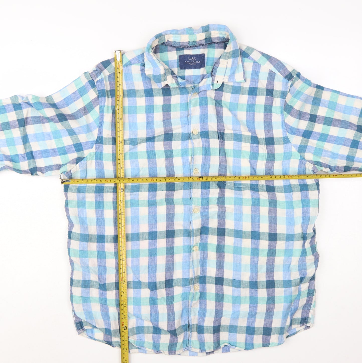 Marks and Spencer Men's Blue Check Linen Long Sleeve Casual Shirt L