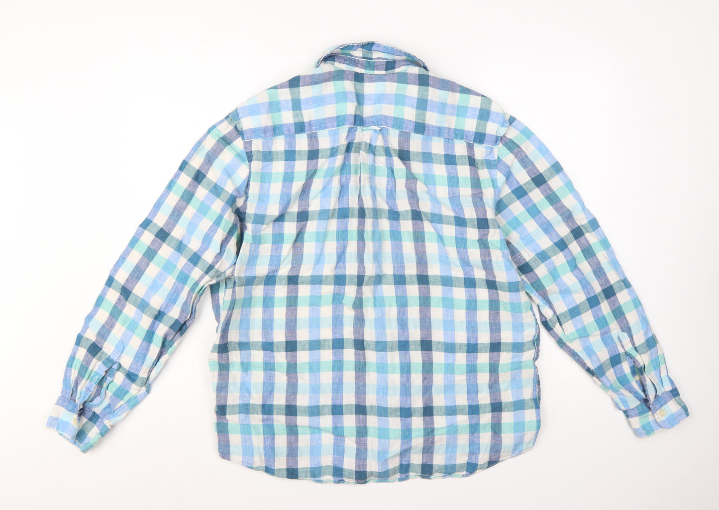 Marks and Spencer Men's Blue Check Linen Long Sleeve Casual Shirt L