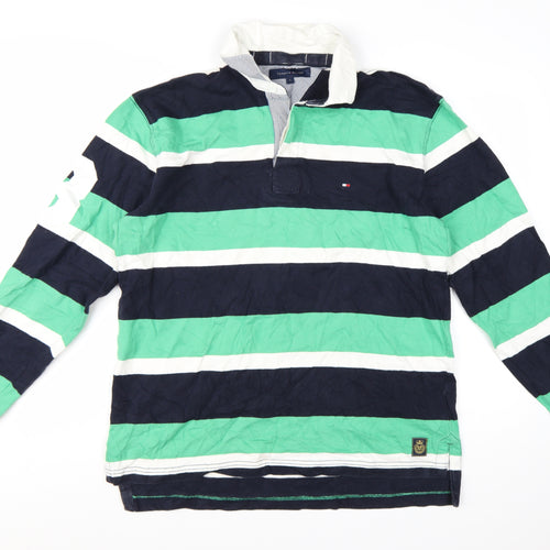 Tommy Hilfiger Men's Green Navy Striped Long Sleeve Polo Shirt L