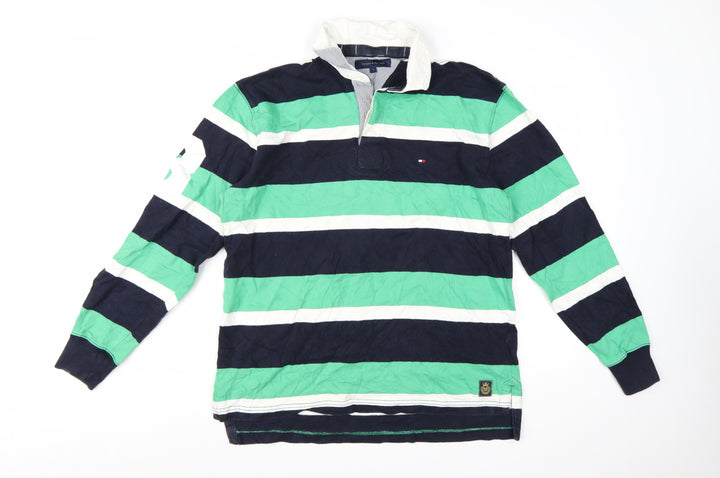Tommy Hilfiger Men's Green Navy Striped Long Sleeve Polo Shirt L