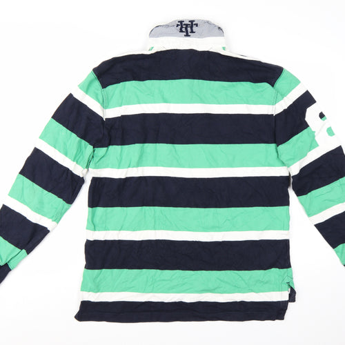 Tommy Hilfiger Men's Green Navy Striped Long Sleeve Polo Shirt L