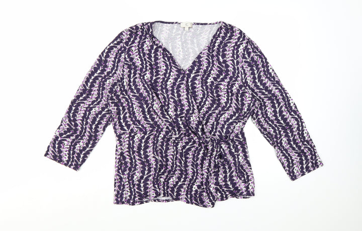 CC Women Purple Floral Wrap Blouse XL 3/4 Sleeve V-Neck