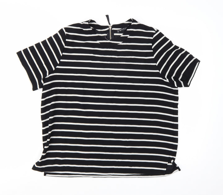 Mango Women Black White Striped Short Sleeve Basic Top Size 14