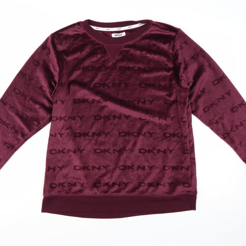 DKNY Womens Burgundy Velour Logo Pullover Sweatshirt Size M