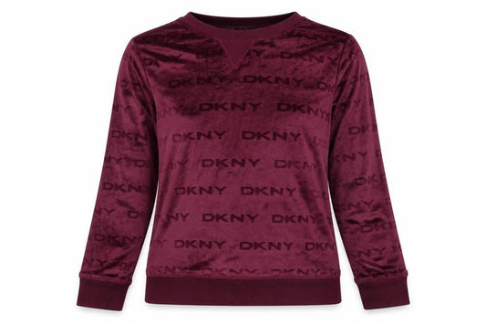 Front view of DKNY women’s burgundy velour logo pullover sweatshirt, size M