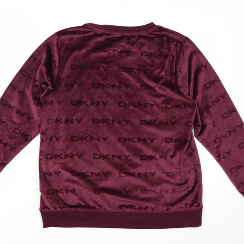 DKNY Womens Burgundy Velour Logo Pullover Sweatshirt Size M