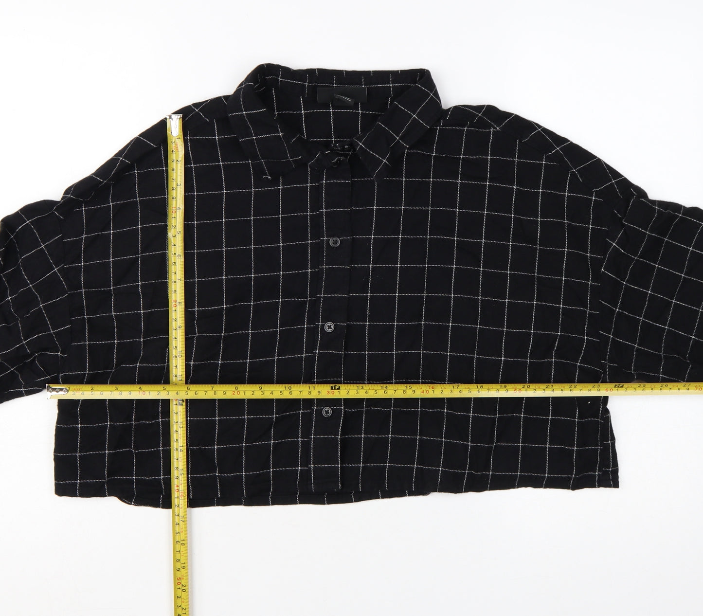 Monki Women's Black Check Cropped Cotton Button-Up Shirt L