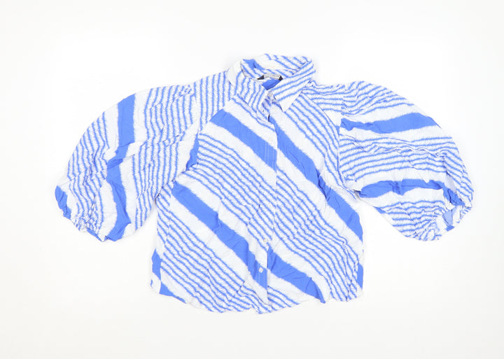 Marks and Spencer Women's Blue Striped Balloon Sleeve Button-Up Tunic Size 12