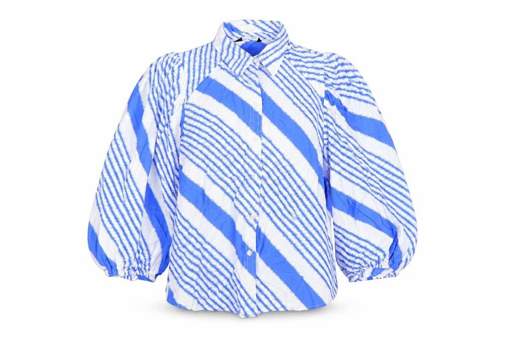 Front view of Marks & Spencer Women's Blue Striped Balloon Sleeve Button-Up Tunic, size 12