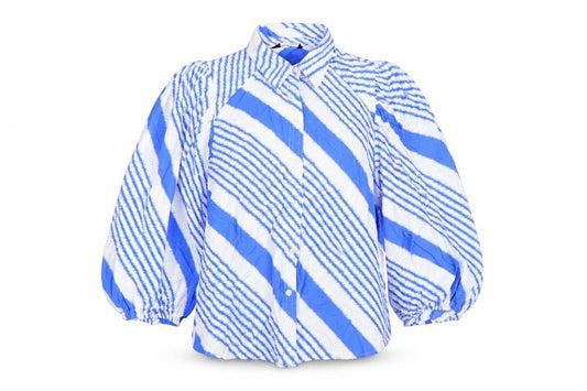 Front view of Marks & Spencer Women's Blue Striped Balloon Sleeve Button-Up Tunic, size 12