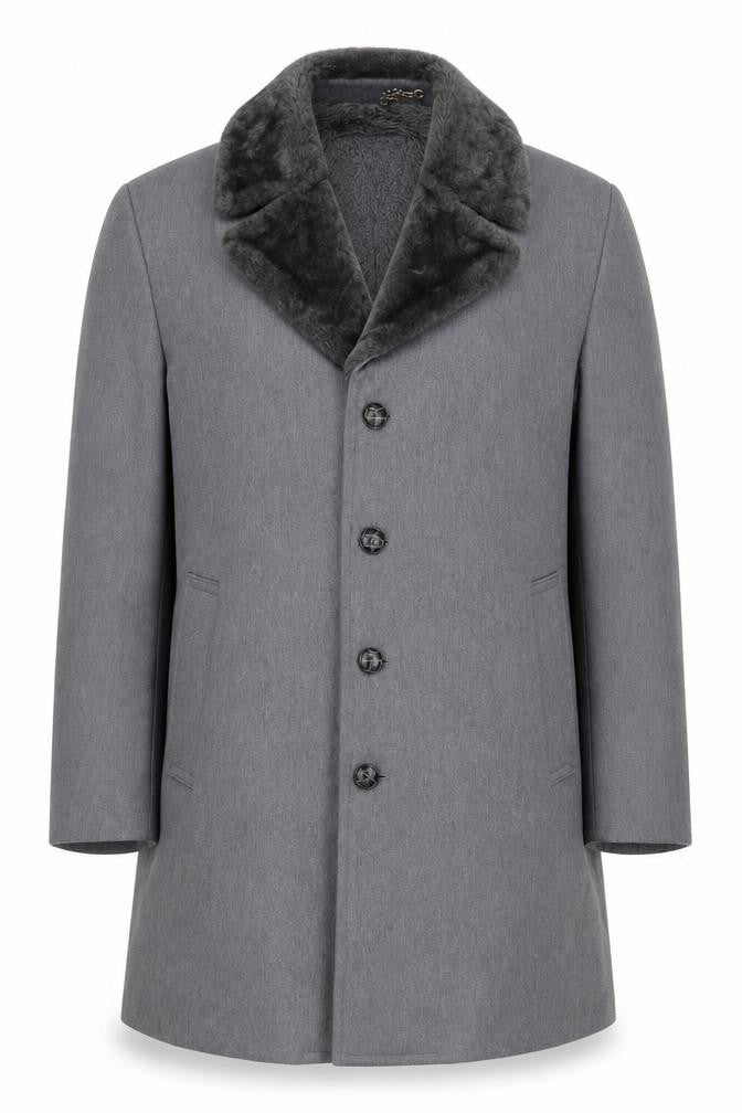 Front view of London Fog Men's Grey Wool Blend Shawl Collar Overcoat, size 42, Regular