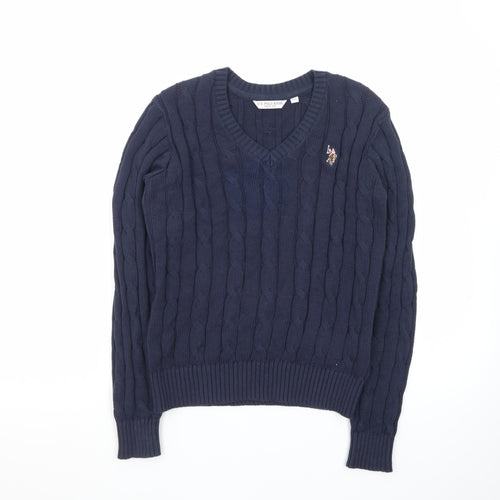 U.S. Polo Assn. Women Blue XS Cable-Knit V-Neck Jumper