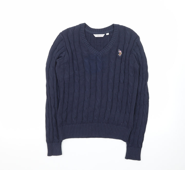 U.S. Polo Assn. Women Blue XS Cable-Knit V-Neck Jumper