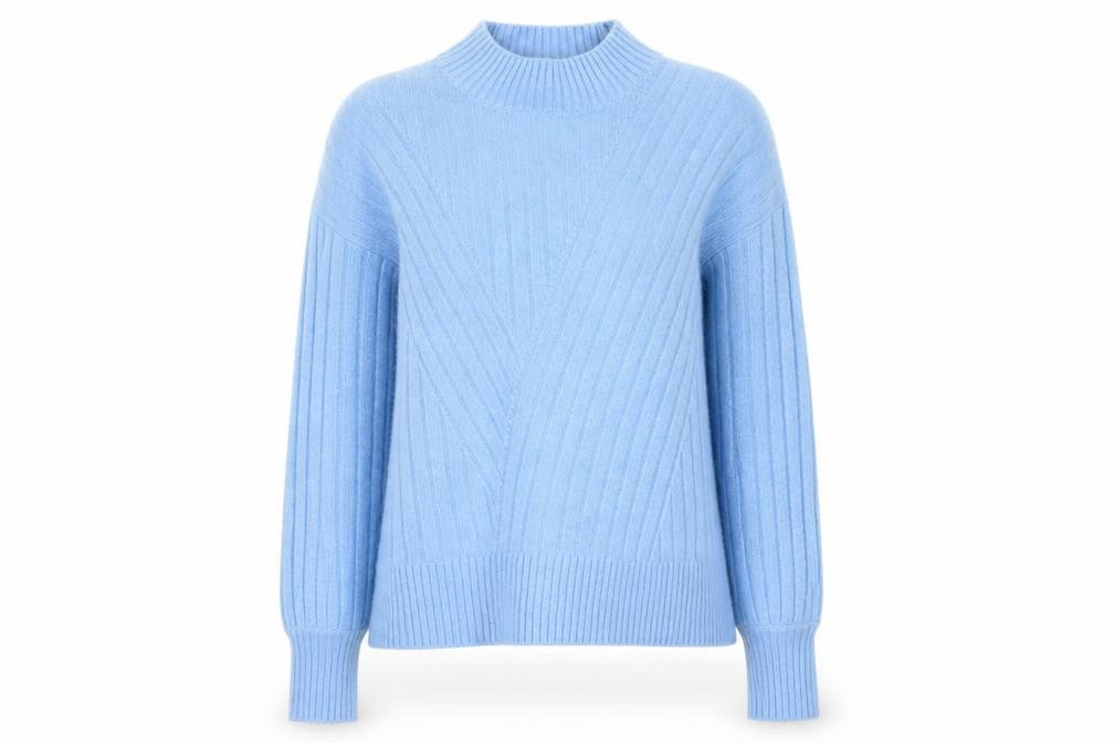 Front view of Warehouse Women’s Blue Wool Blend Mock Neck Jumper, size UK 12