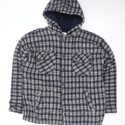 Earth Ragz Men's Blue Checked Hooded Fleece Jacket Size M