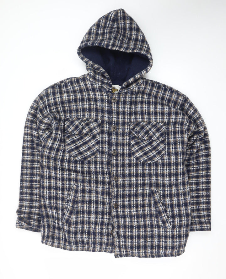 Earth Ragz Men's Blue Checked Hooded Fleece Jacket Size M
